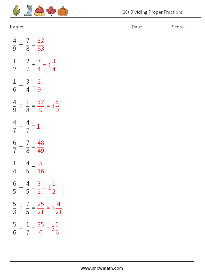 (10) Dividing Proper Fractions Maths Worksheets 2 Question, Answer
