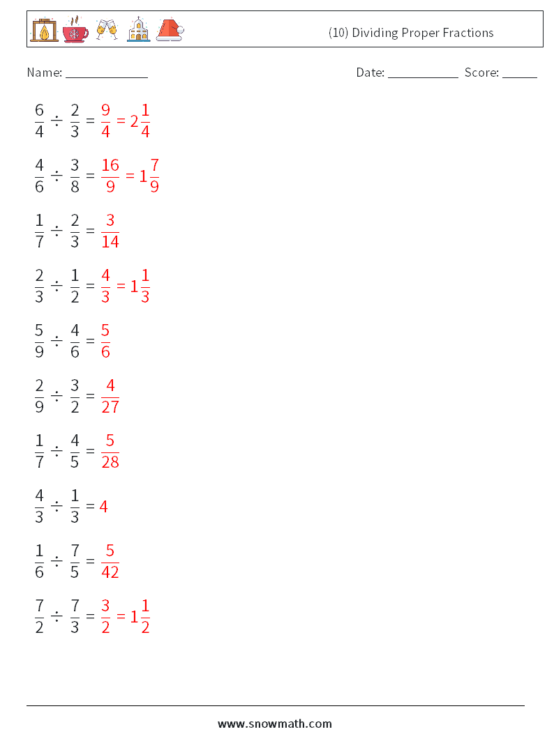 (10) Dividing Proper Fractions Maths Worksheets 3 Question, Answer
