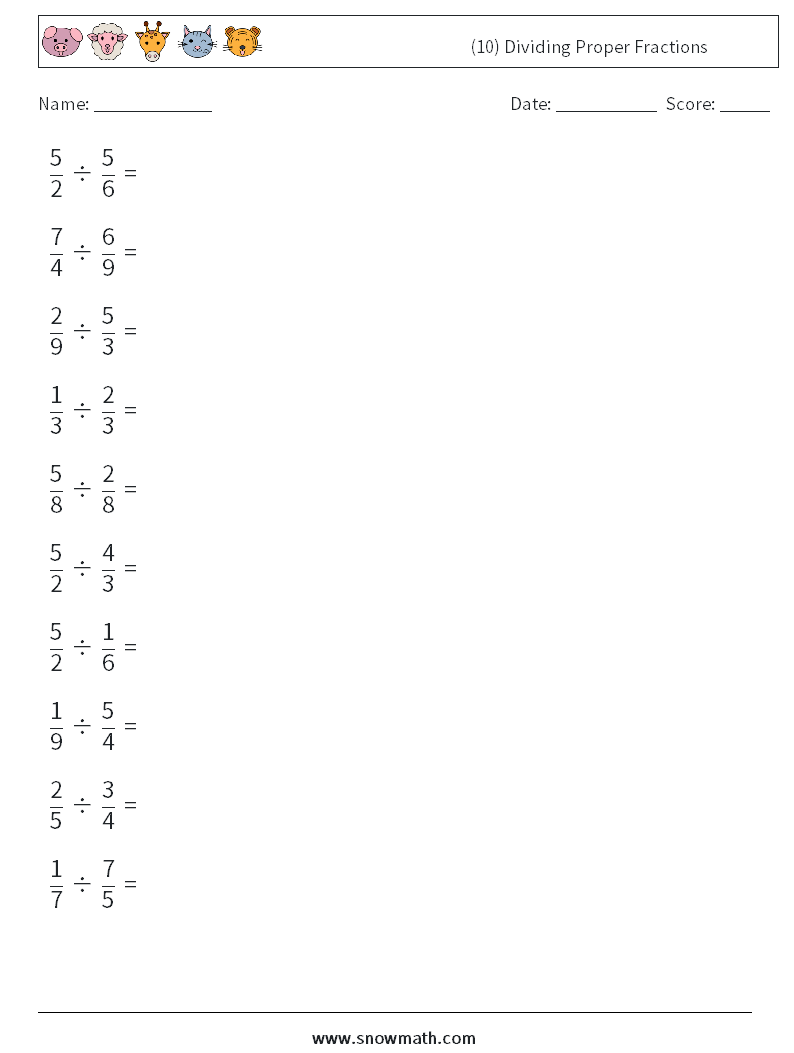 (10) Dividing Proper Fractions Maths Worksheets 4