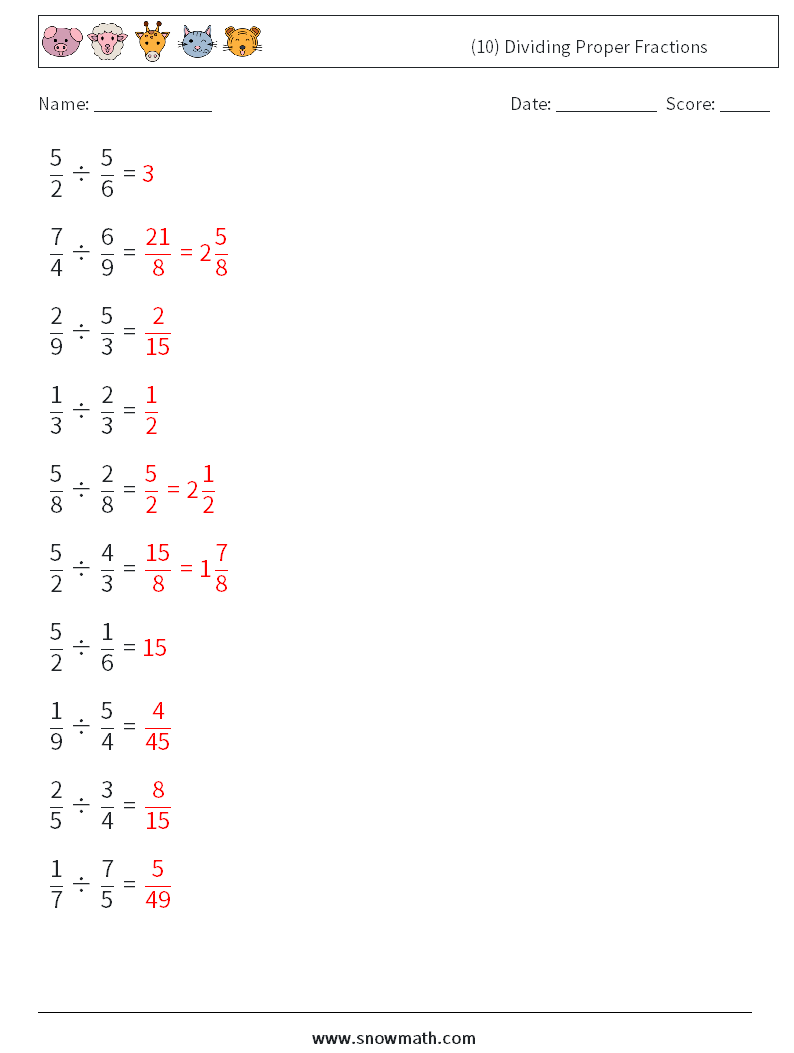 (10) Dividing Proper Fractions Maths Worksheets 4 Question, Answer