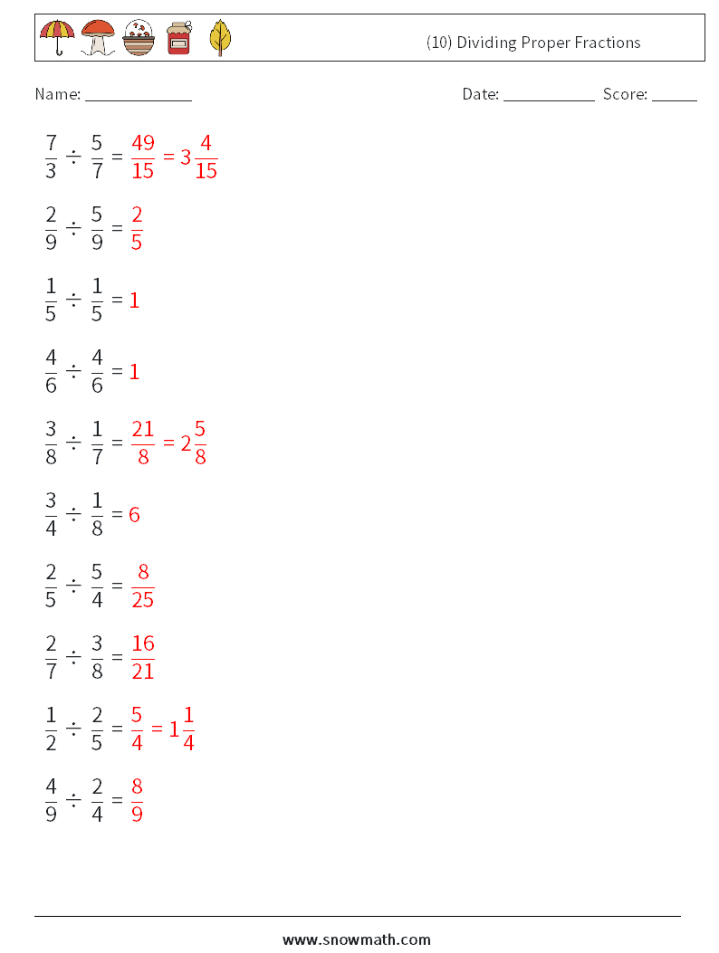 (10) Dividing Proper Fractions Maths Worksheets 5 Question, Answer