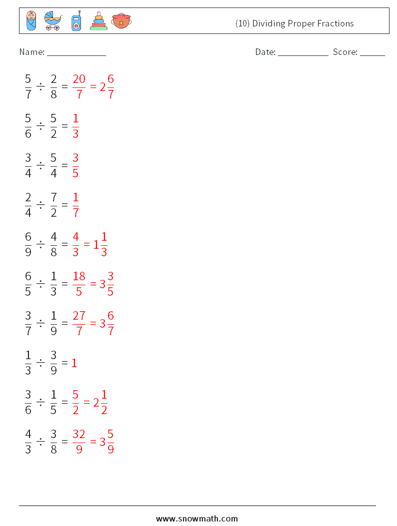 (10) Dividing Proper Fractions Maths Worksheets 6 Question, Answer