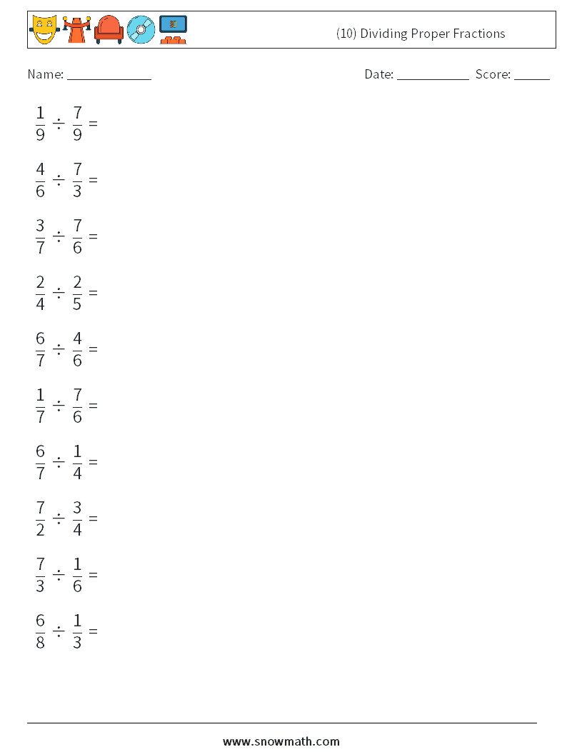 (10) Dividing Proper Fractions Maths Worksheets 7