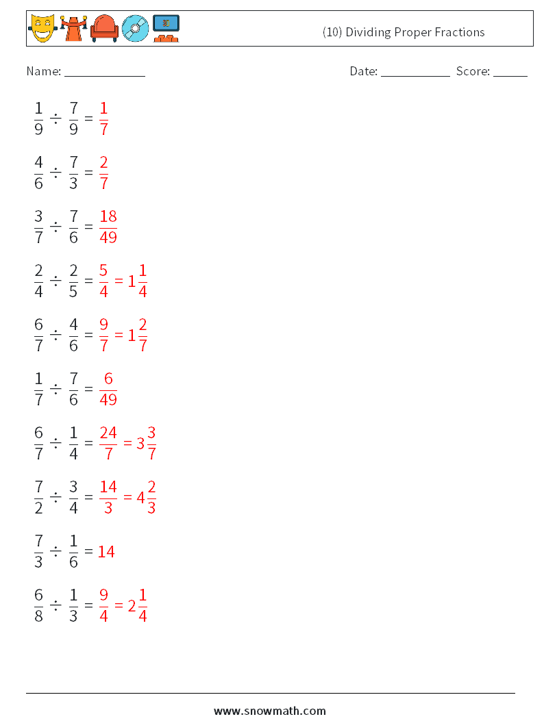(10) Dividing Proper Fractions Maths Worksheets 7 Question, Answer