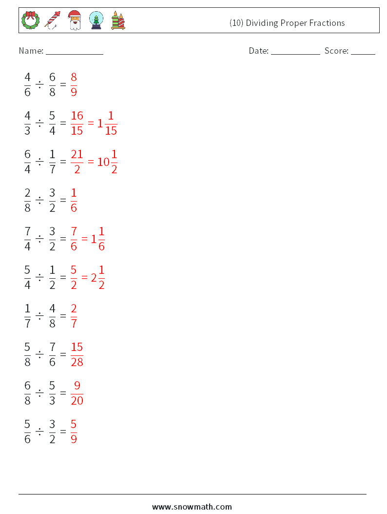 (10) Dividing Proper Fractions Maths Worksheets 8 Question, Answer