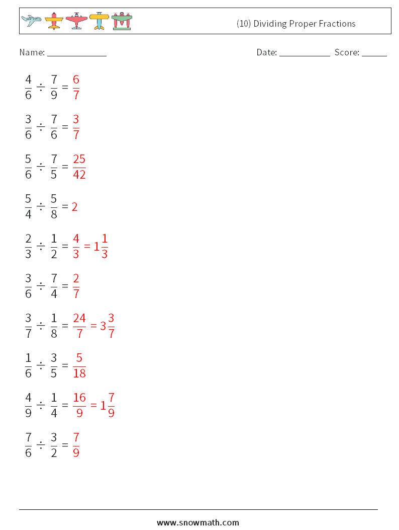 (10) Dividing Proper Fractions Maths Worksheets 9 Question, Answer