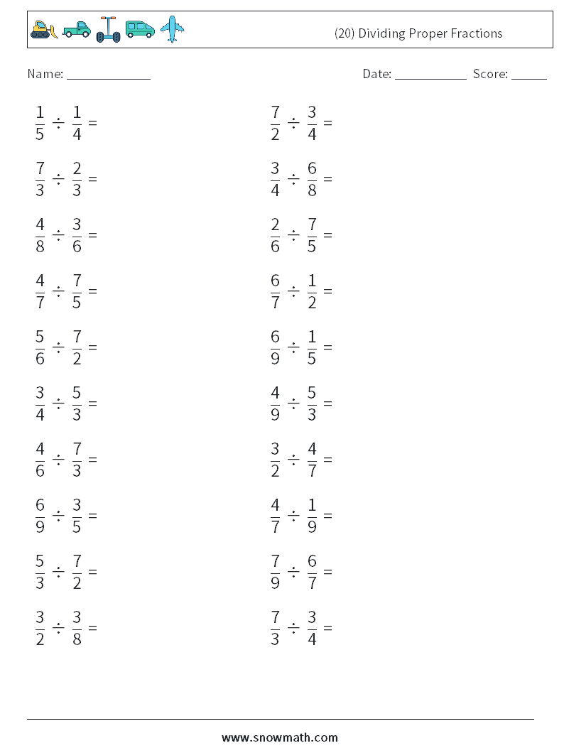 (20) Dividing Proper Fractions Maths Worksheets 1