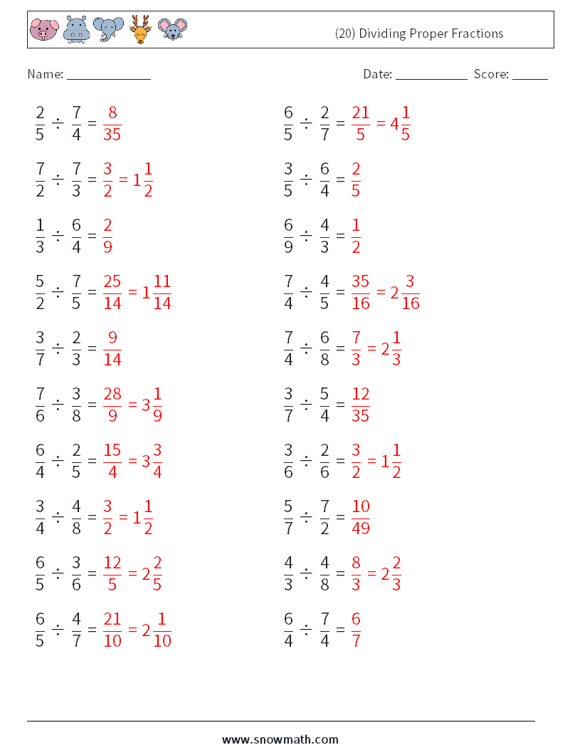 (20) Dividing Proper Fractions Maths Worksheets 10 Question, Answer