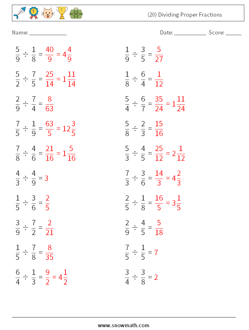 (20) Dividing Proper Fractions Maths Worksheets 11 Question, Answer