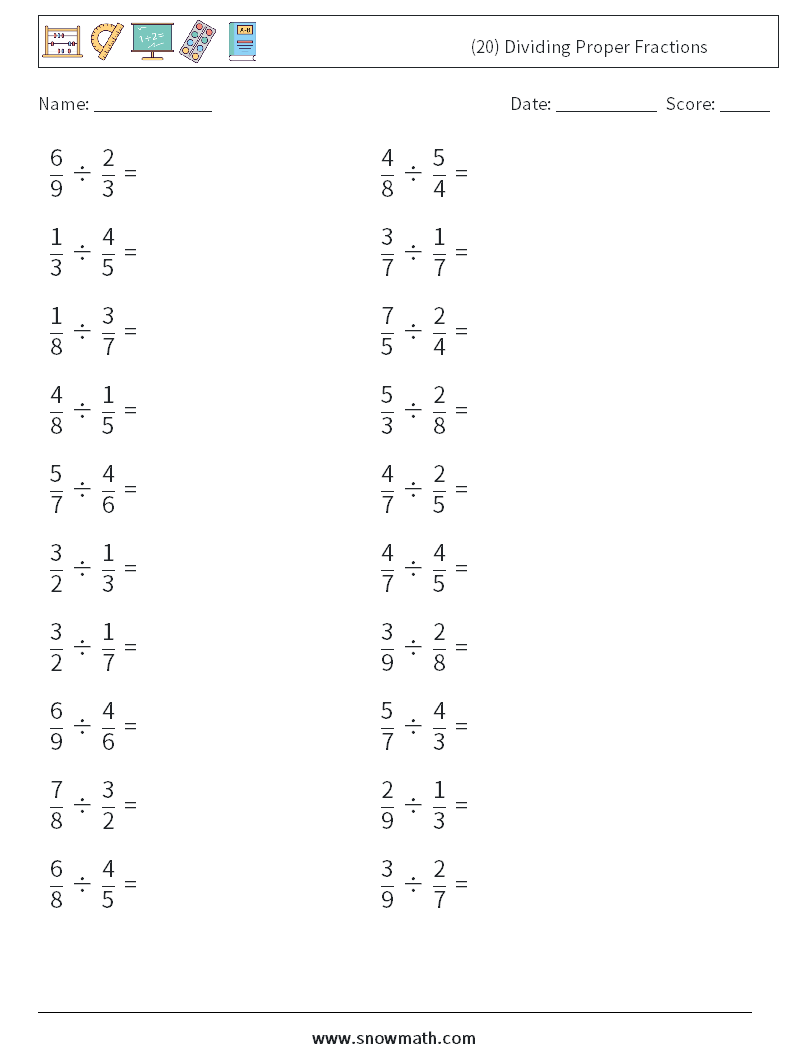 (20) Dividing Proper Fractions Maths Worksheets 12