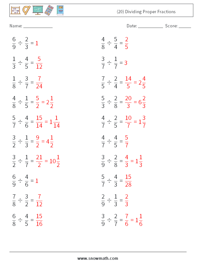 (20) Dividing Proper Fractions Maths Worksheets 12 Question, Answer
