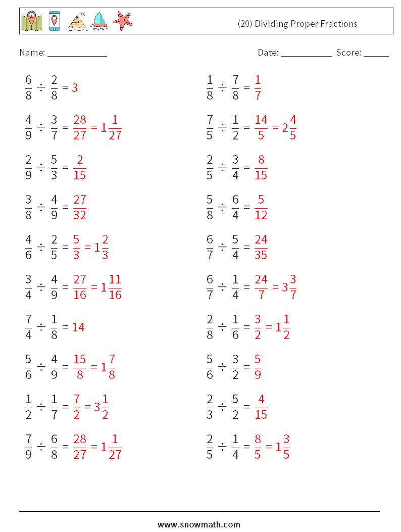 (20) Dividing Proper Fractions Maths Worksheets 13 Question, Answer