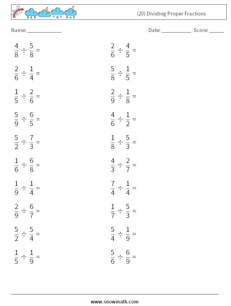 (20) Dividing Proper Fractions Maths Worksheets 14