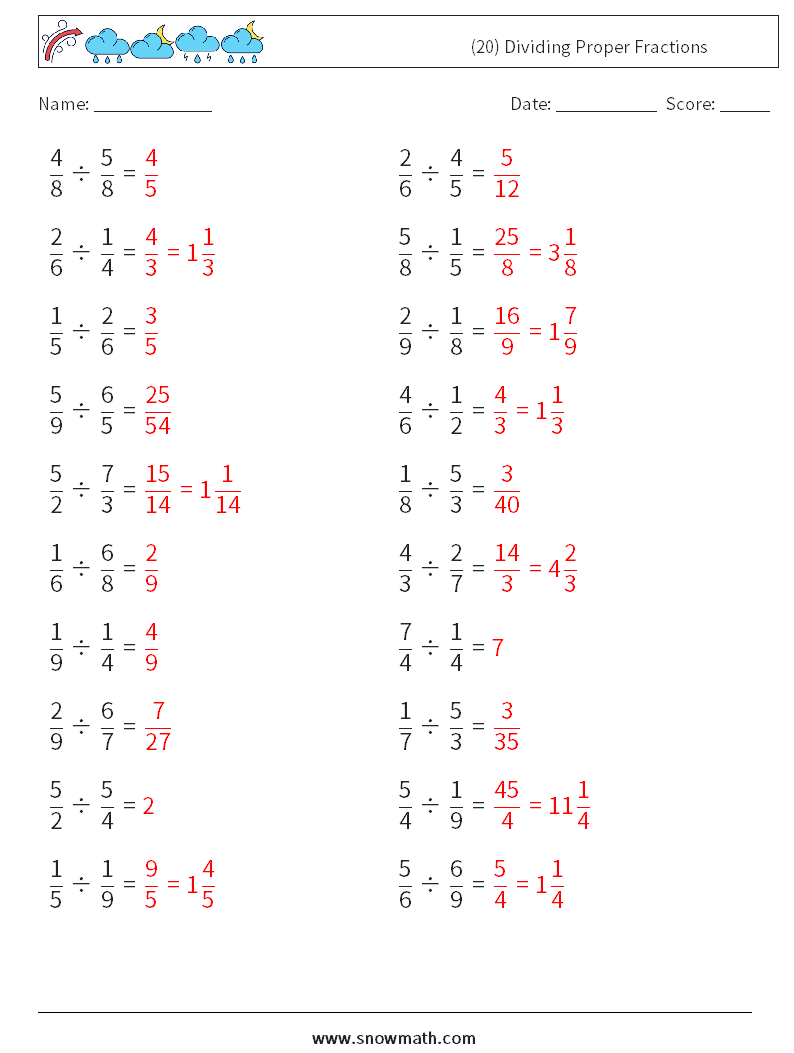 (20) Dividing Proper Fractions Maths Worksheets 14 Question, Answer