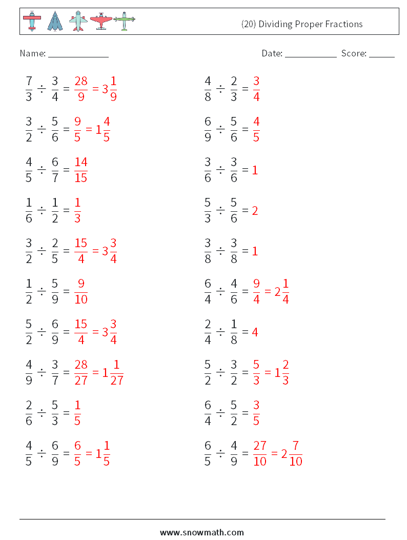(20) Dividing Proper Fractions Maths Worksheets 15 Question, Answer