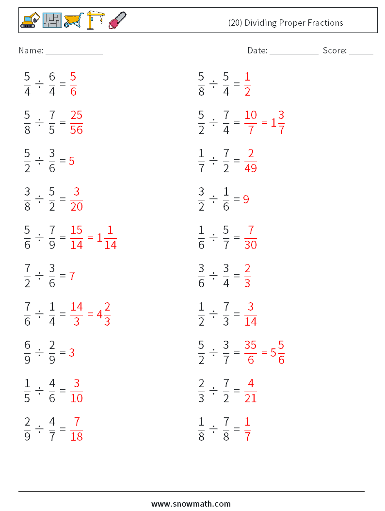 (20) Dividing Proper Fractions Maths Worksheets 16 Question, Answer