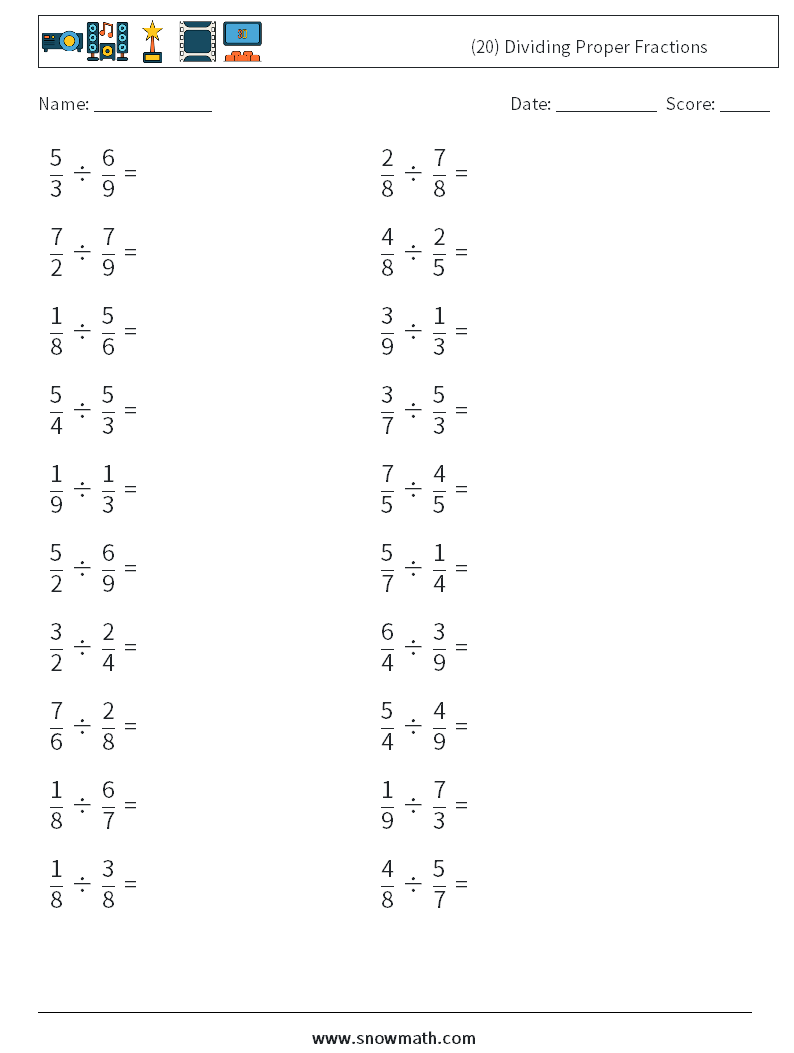 (20) Dividing Proper Fractions Maths Worksheets 17