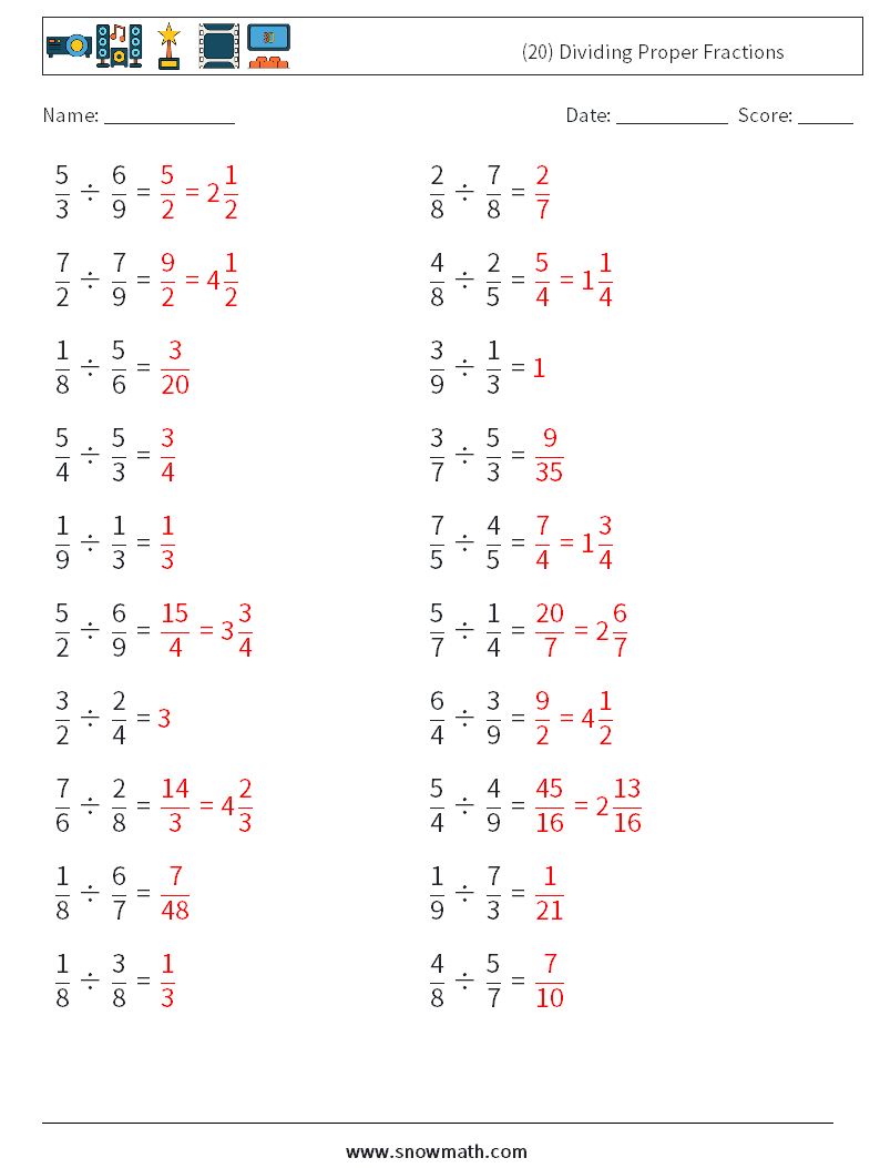 (20) Dividing Proper Fractions Maths Worksheets 17 Question, Answer