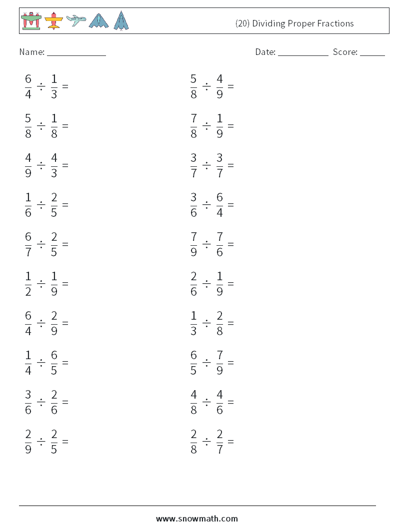 (20) Dividing Proper Fractions Maths Worksheets 18