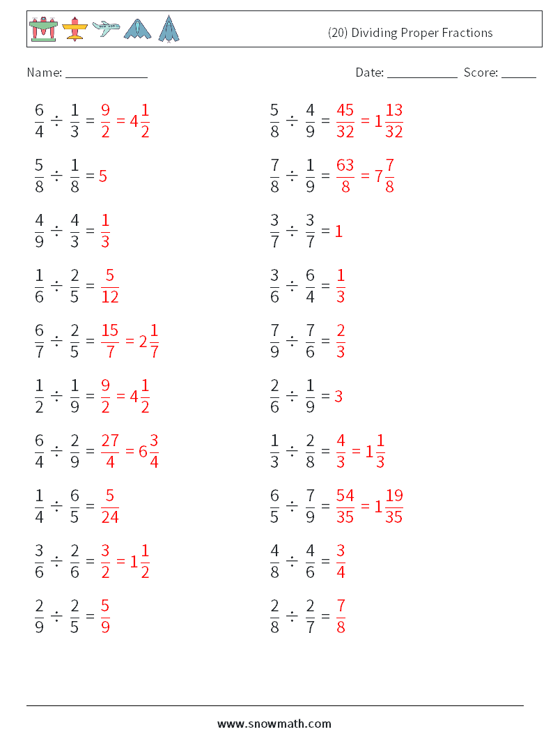 (20) Dividing Proper Fractions Maths Worksheets 18 Question, Answer