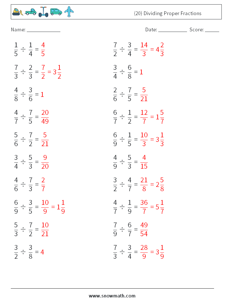 (20) Dividing Proper Fractions Maths Worksheets 1 Question, Answer