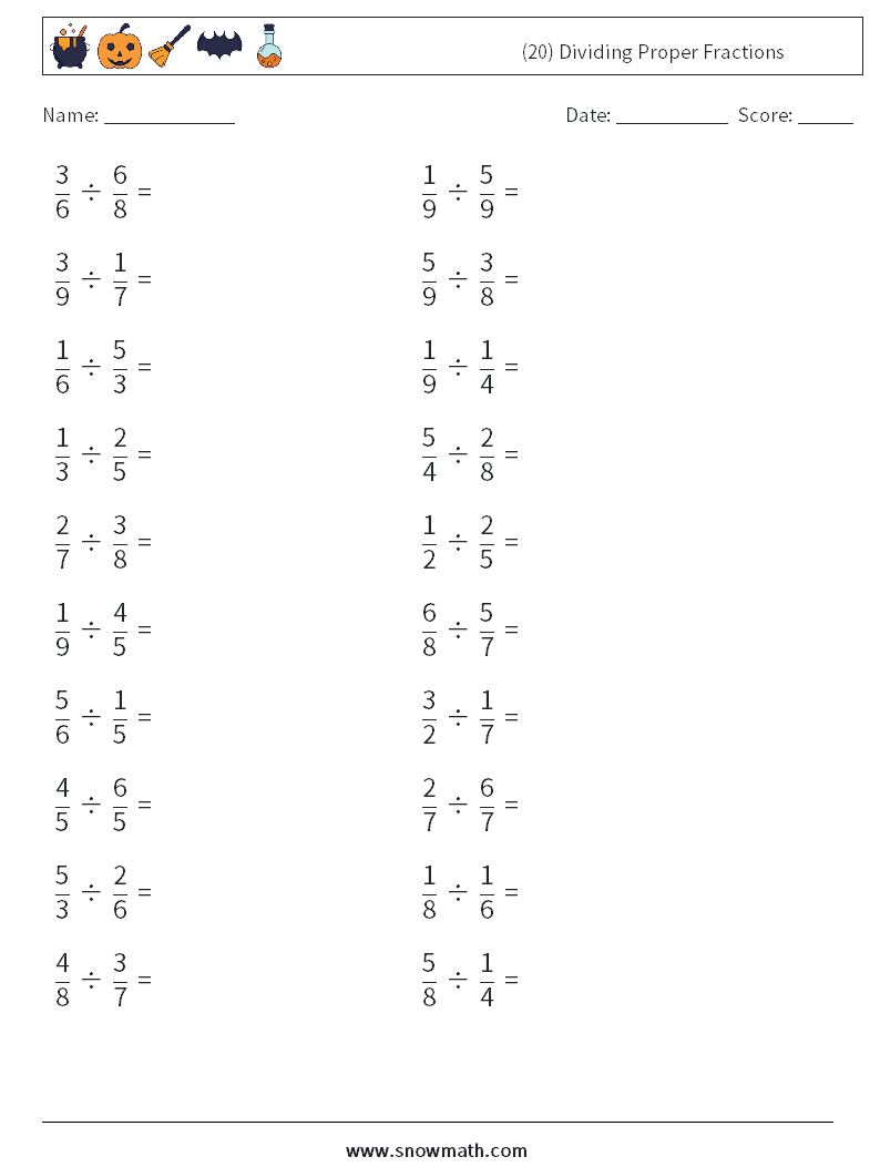 (20) Dividing Proper Fractions Maths Worksheets 2