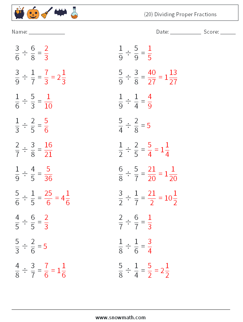 (20) Dividing Proper Fractions Maths Worksheets 2 Question, Answer