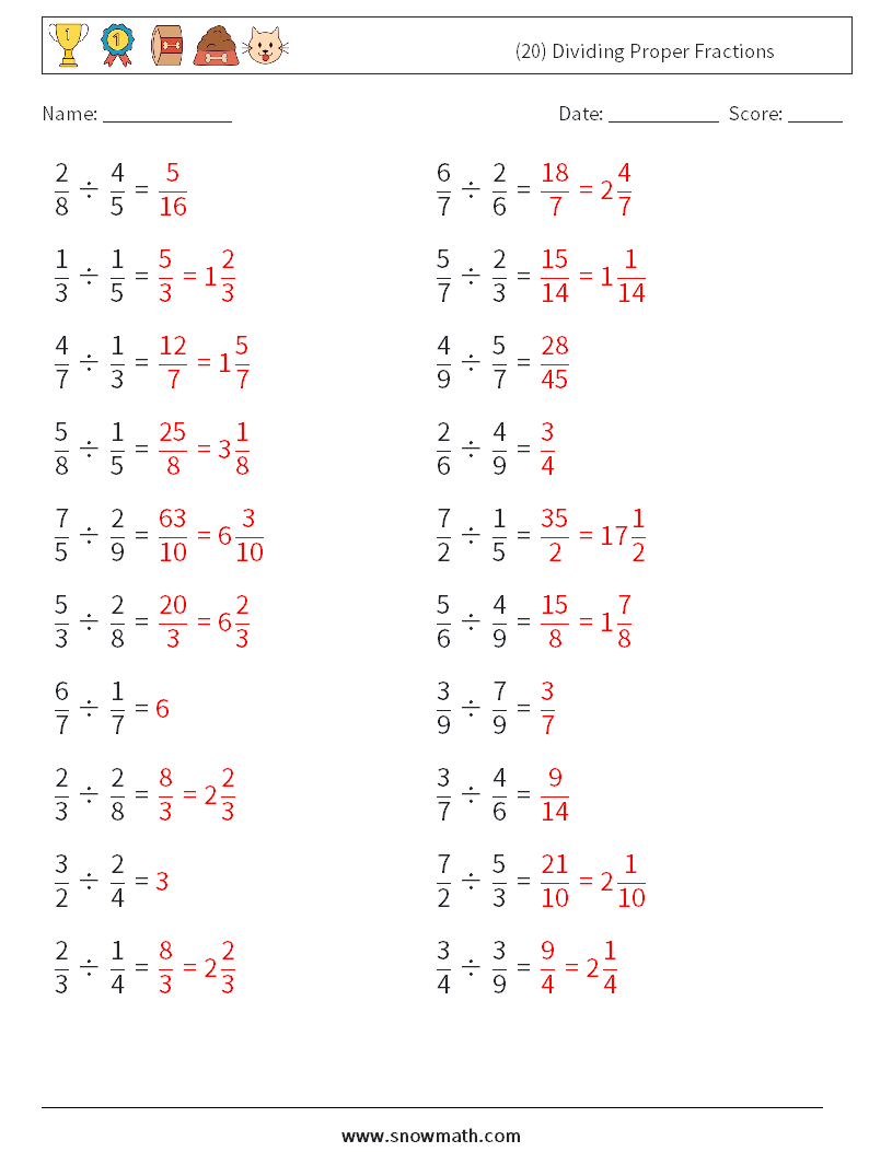 (20) Dividing Proper Fractions Maths Worksheets 3 Question, Answer