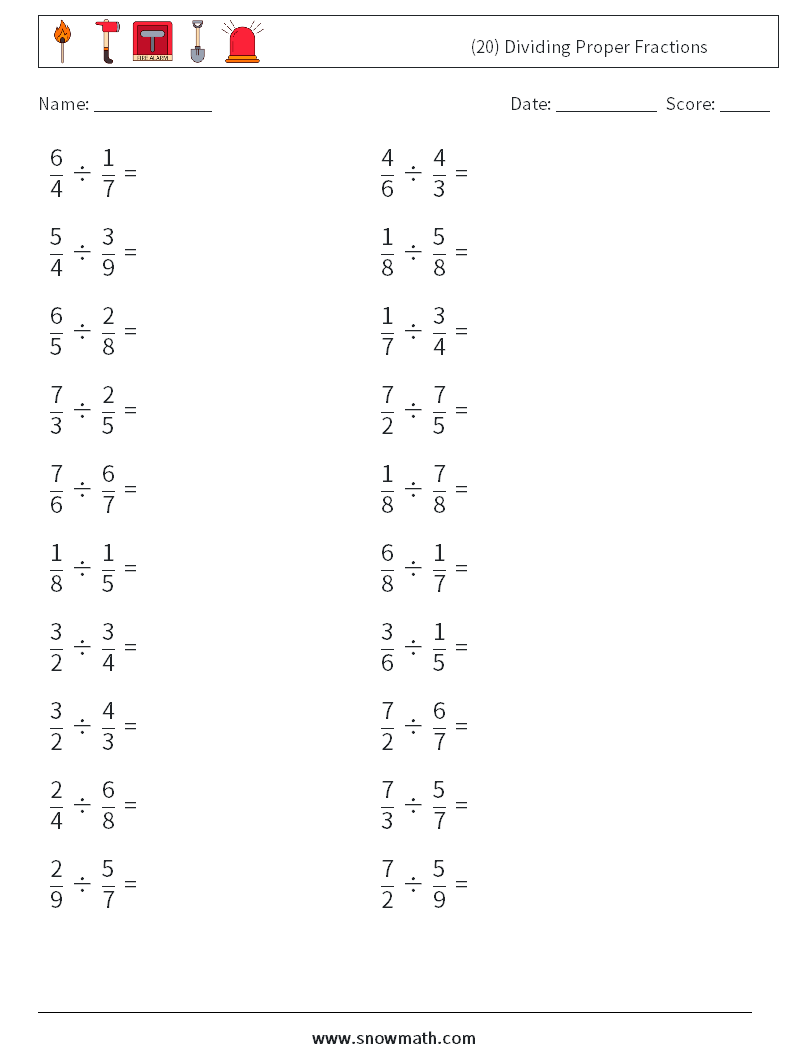 (20) Dividing Proper Fractions Maths Worksheets 4