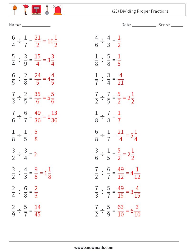 (20) Dividing Proper Fractions Maths Worksheets 4 Question, Answer