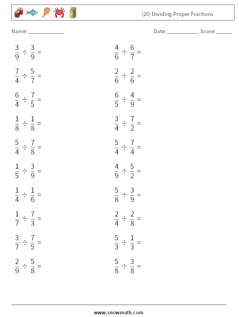 (20) Dividing Proper Fractions Maths Worksheets 5