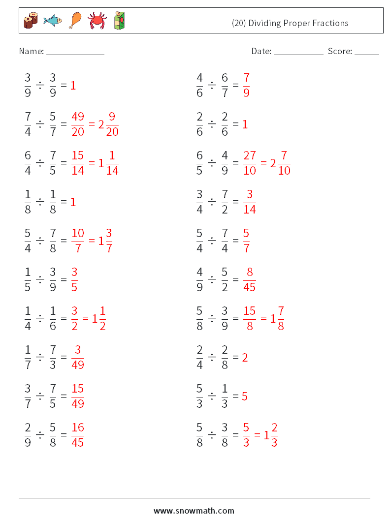 (20) Dividing Proper Fractions Maths Worksheets 5 Question, Answer