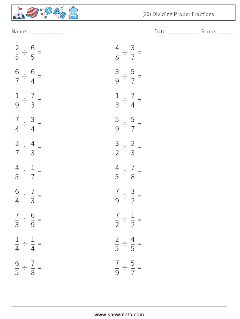 (20) Dividing Proper Fractions Maths Worksheets 6