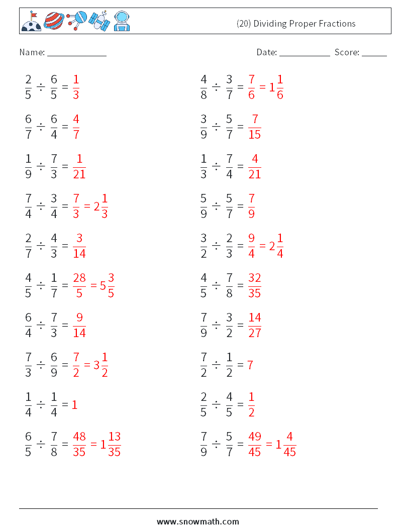 (20) Dividing Proper Fractions Maths Worksheets 6 Question, Answer