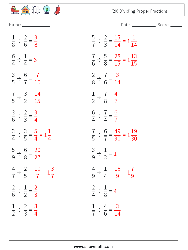 (20) Dividing Proper Fractions Maths Worksheets 7 Question, Answer