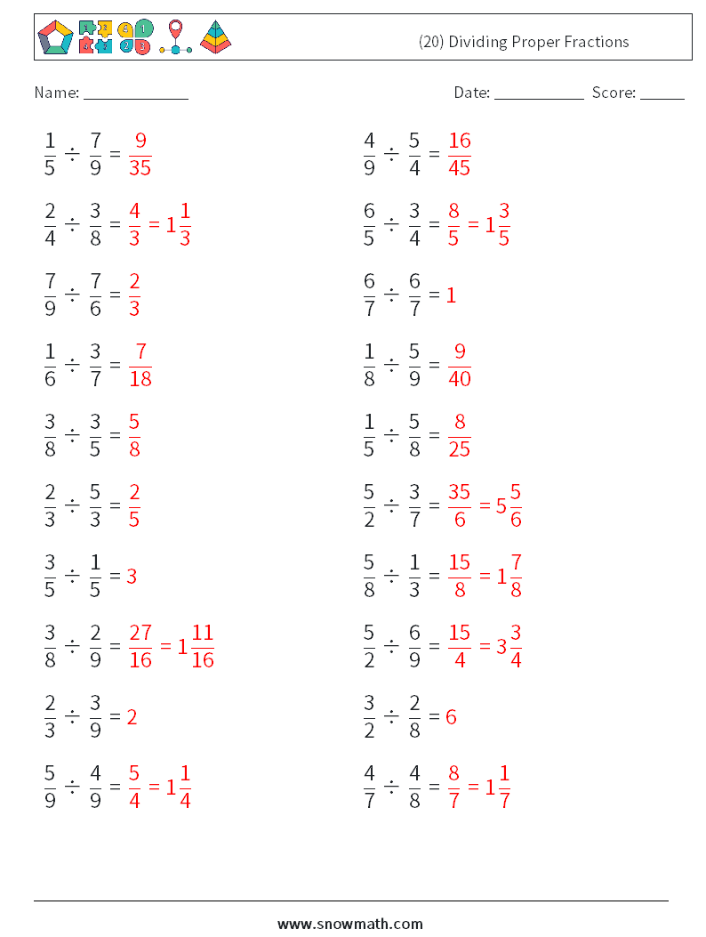 (20) Dividing Proper Fractions Maths Worksheets 8 Question, Answer