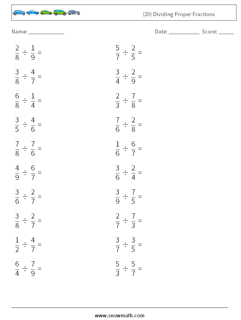 (20) Dividing Proper Fractions Maths Worksheets 9