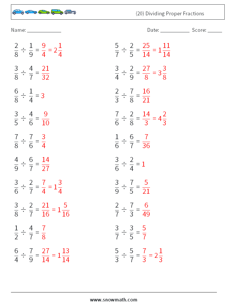 (20) Dividing Proper Fractions Maths Worksheets 9 Question, Answer