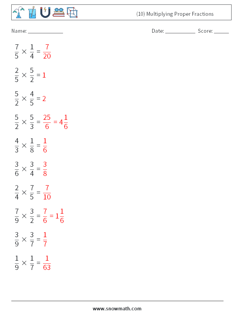 (10) Multiplying Proper Fractions Maths Worksheets 15 Question, Answer