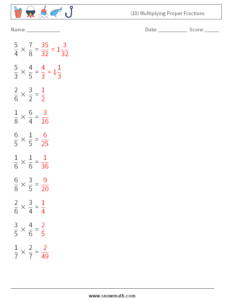 (10) Multiplying Proper Fractions Maths Worksheets 17 Question, Answer
