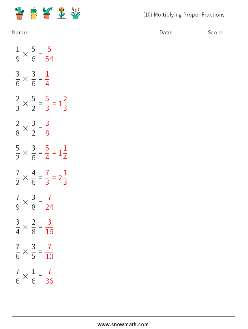 (10) Multiplying Proper Fractions Maths Worksheets 18 Question, Answer