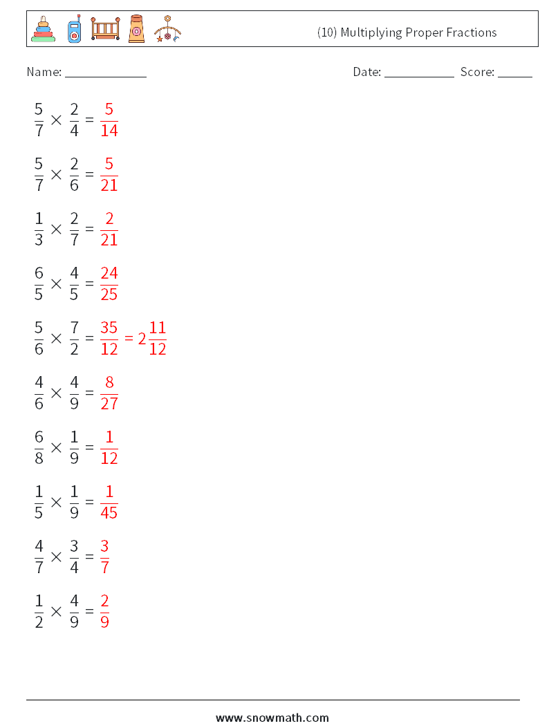 (10) Multiplying Proper Fractions Maths Worksheets 1 Question, Answer