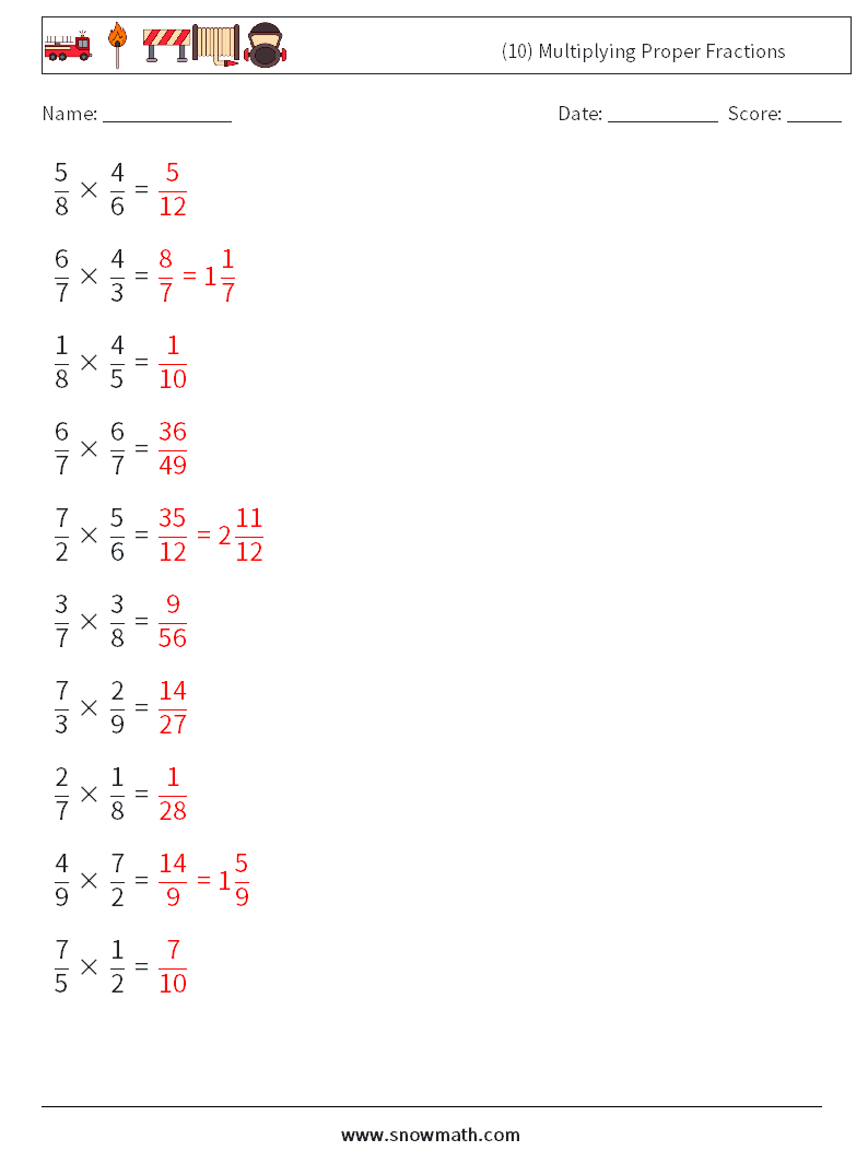 (10) Multiplying Proper Fractions Maths Worksheets 2 Question, Answer