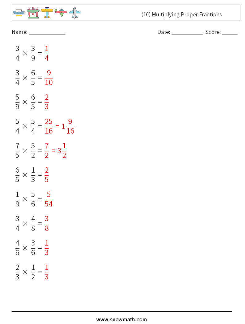 (10) Multiplying Proper Fractions Maths Worksheets 7 Question, Answer