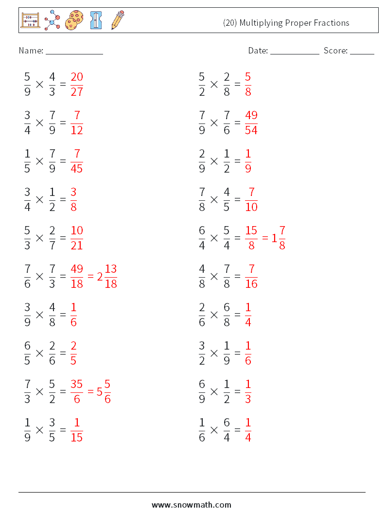(20) Multiplying Proper Fractions Maths Worksheets 10 Question, Answer