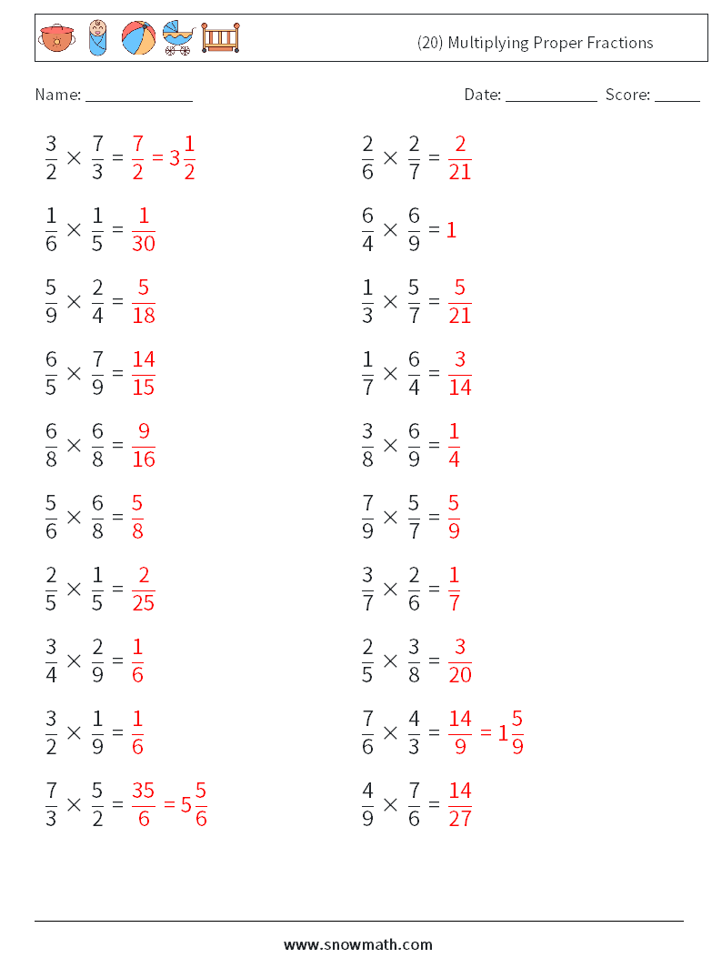 (20) Multiplying Proper Fractions Maths Worksheets 11 Question, Answer