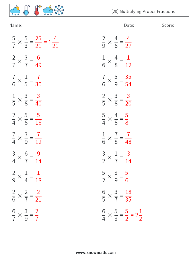 (20) Multiplying Proper Fractions Maths Worksheets 14 Question, Answer