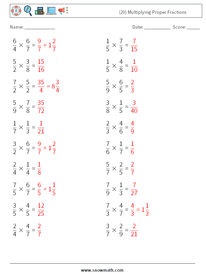 (20) Multiplying Proper Fractions Maths Worksheets 15 Question, Answer