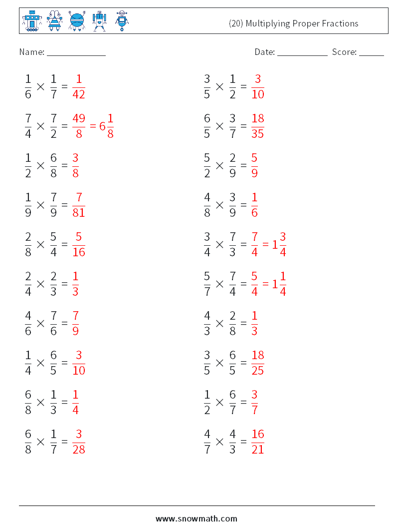 (20) Multiplying Proper Fractions Maths Worksheets 16 Question, Answer