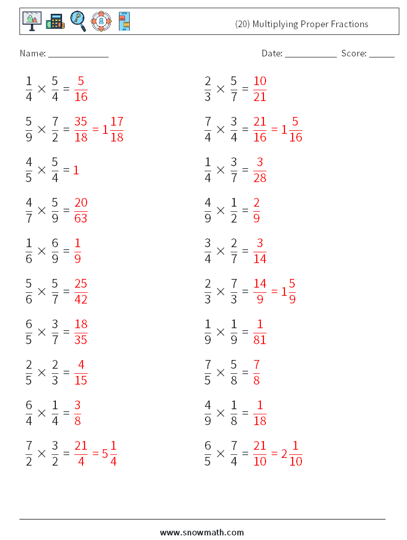 (20) Multiplying Proper Fractions Maths Worksheets 17 Question, Answer